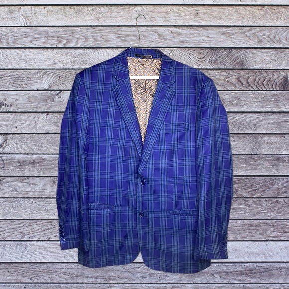 Statement Blazer Mens 40R Blue Check Plaid Wool Sport Coat Made in Italy